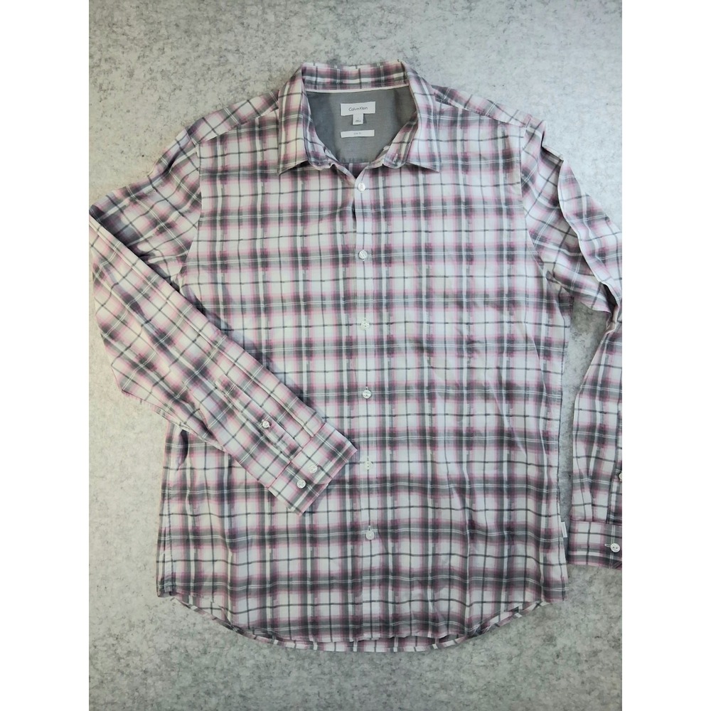 Calvin Klein Men L Slim Fit Pink Gray Plaid Button Up Long Sleeve Dress Shirt